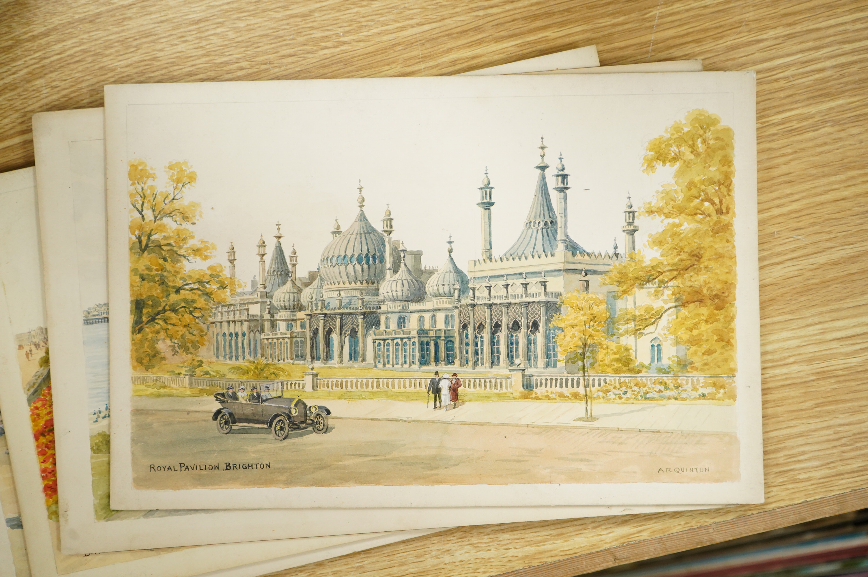 Alfred Robert Quinton (1853-1934), set of four original watercolours for postcard designs, Brighton views, comprising: The Royal Pavilion, Brighton, Kemp Town, Sunk Gardens and The Beach from West Pier, each signed, unfr